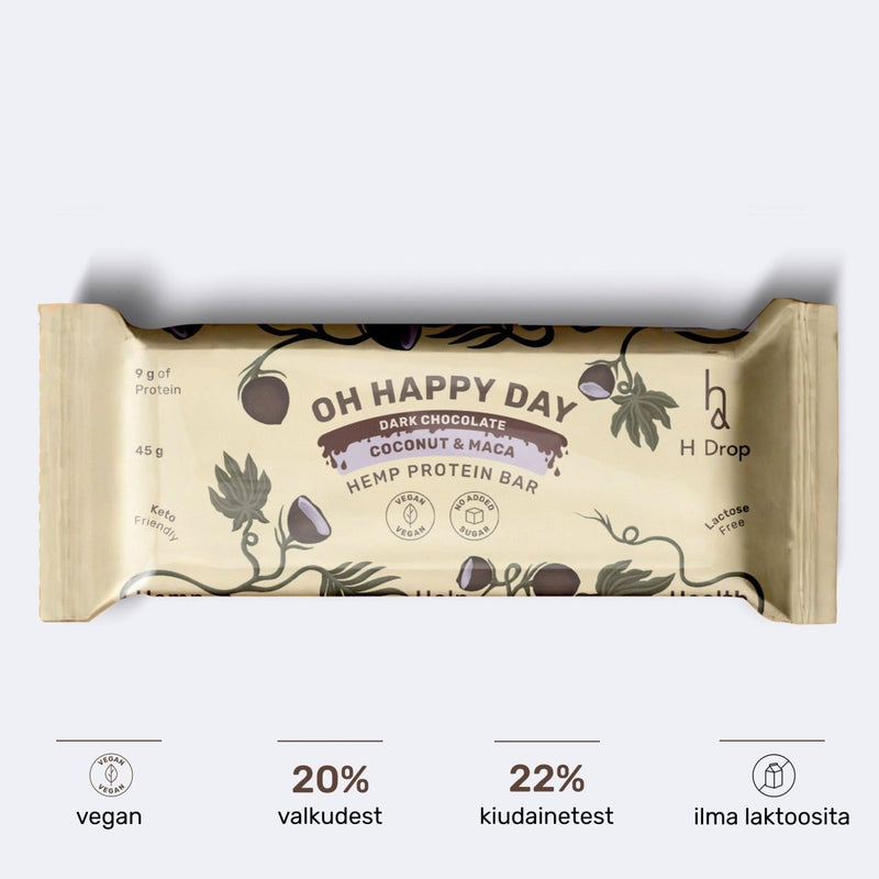 Oh Happy Day - kanepi proteiinibatoonid kookose ja macaga tumedas šokolaadis (1 tk.) H Drop Lietuva