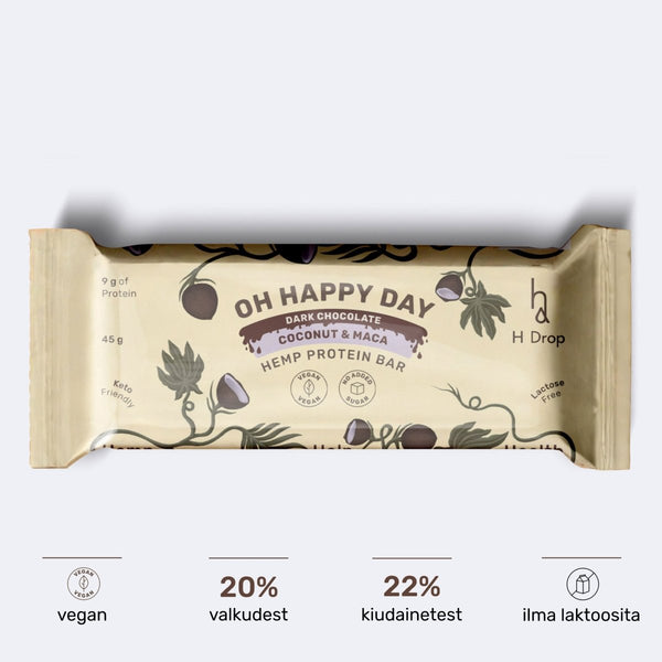 Oh Happy Day - kanepi proteiinibatoonid kookose ja macaga tumedas šokolaadis (12 tk. karp) H Drop Lietuva
