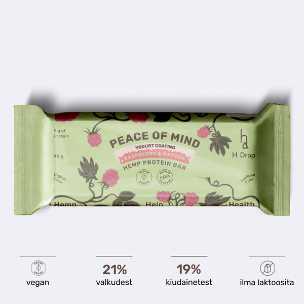 Peace of Mind - kanepi proteiinibatoonid vaarikate, matcha ja jogurtiga (12 tk. karp) H Drop Lietuva