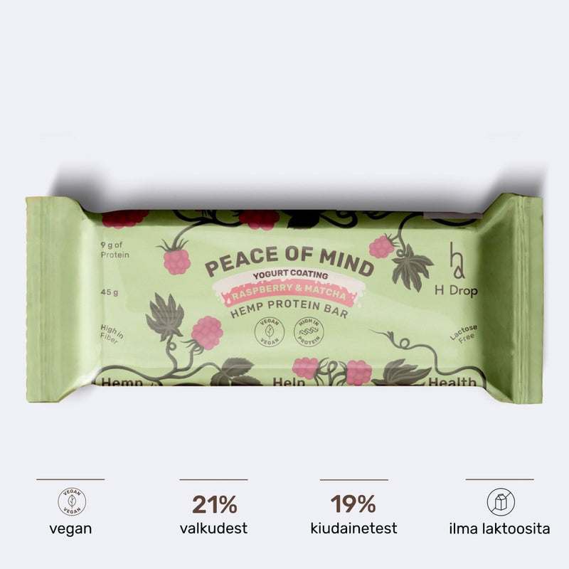 Peace of Mind - kanepi proteiinibatoonid vaarikate, matcha ja jogurtiga (1 tk.) H Drop Lietuva