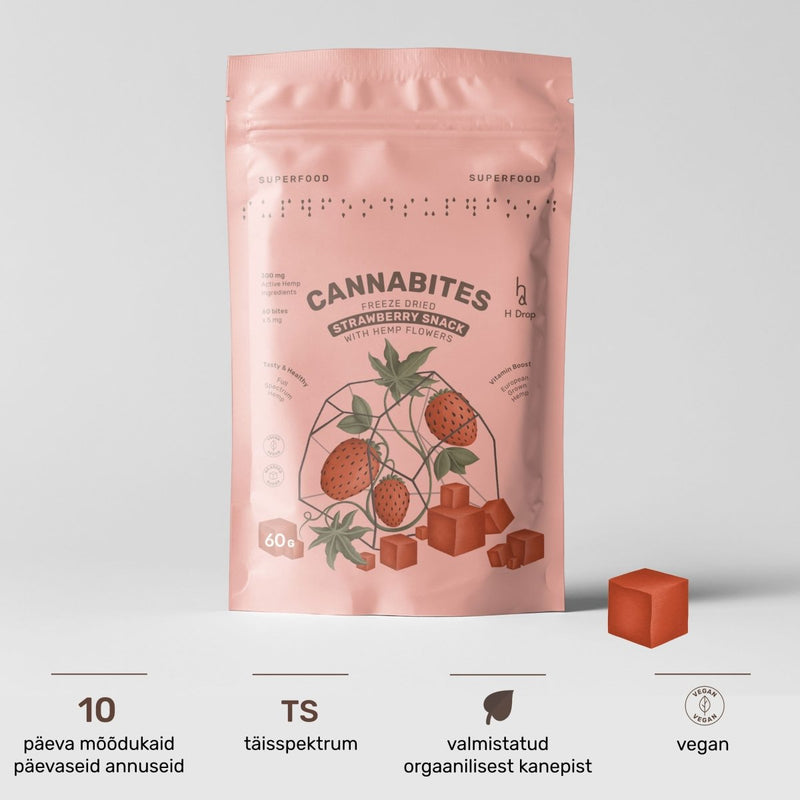 Cannabites - Funktsionaalsed maasikakuubikud kanepiõitega (suur 60 tk pakend, 300mg) - H Drop Eesti