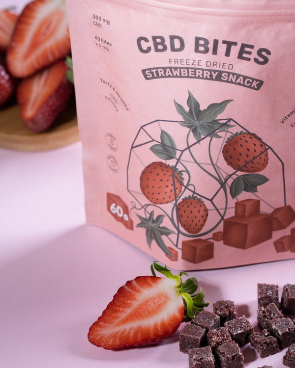 Cannabites - Funktsionaalsed maasikakuubikud kanepiõitega (suur 60 tk pakend, 300mg) H Drop UK